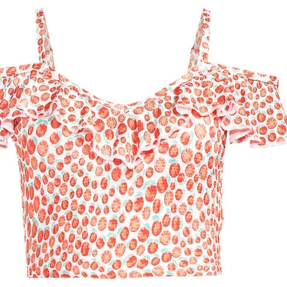 Land's End pique ruffle Ruffle Tankini Midkini top white, tangerine citrus 18